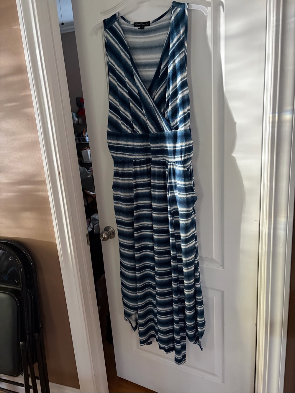 Nine West Navy and White Striped Sleeveless Maxi Wrap Dress